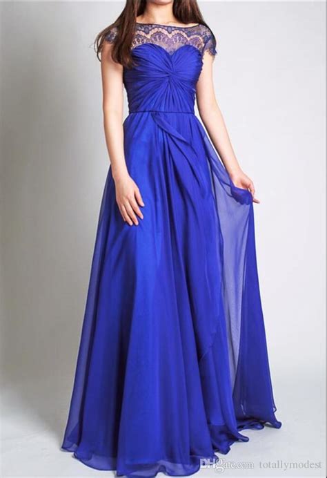 Royal Blue Long Modest Bridesmaid Dresses With Cap Sleeves Lace Chiffon