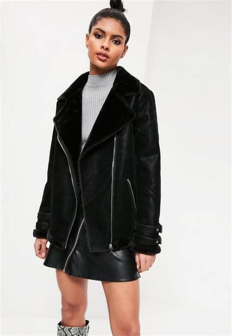 Missguided Black Oversized Faux Fur Lined Aviator Jacket 117