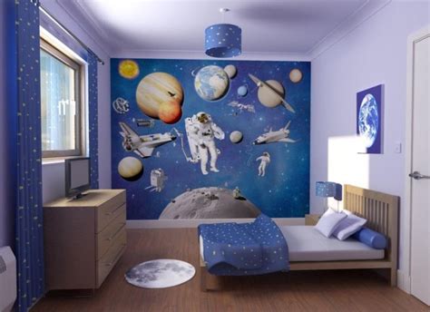 Planet And Astronaut In Outer Space Themed Childs Bedroom Interior