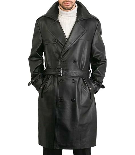 Black Double Breasted Mens Leather Trench Coat In Canada