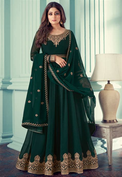 Buy Embroidered Georgette Abaya Style Suit In Dark Green Online Kch7209 Utsav Fashion