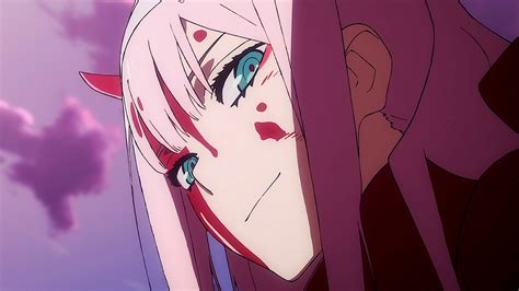 Darling In The FranXX Zero Two Hiro Closeup Of Zero Two With Purple Sky