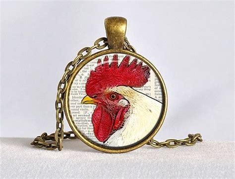 Steampunk Chicken Pendant Rooster Necklace Red White Yellow Morning