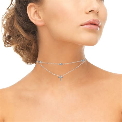 Cross Cubic Zirconia Layered Choker Necklace In Sterling Silver 884335540277 Ebay