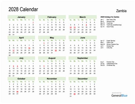 Holiday Calendar 2028 For Zambia Sunday Start