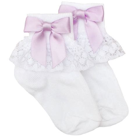 Girls White Lace Socks With Lilac Satin Bows