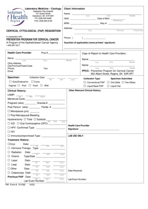 Pm Form 101092 Cervical Cytological Pap Requisition Printable Pdf