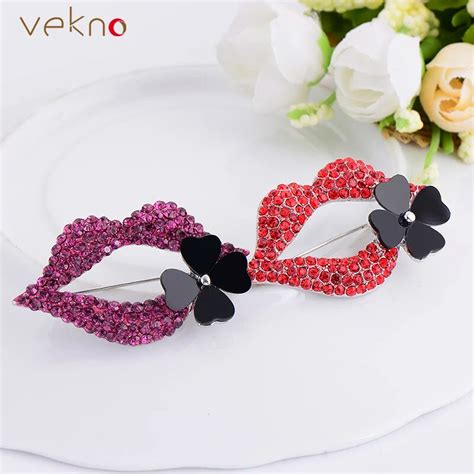 vekno sexy red lips rhinestone brooch jewelry for women fashion lapel pins four clover flower