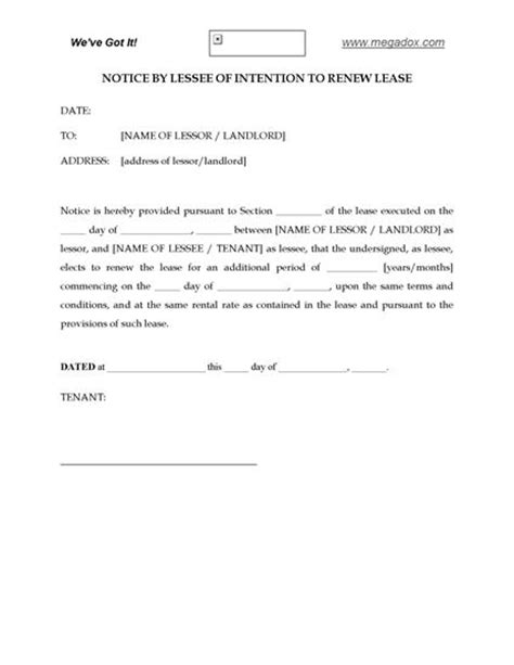 Letters for landlords and tenants. Notice by Lessee of Intention to Renew Lease | Legal Forms ...
