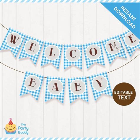 Welcome Baby Banner Editable Text Blue Buffalo Gingham Etsy In 2020