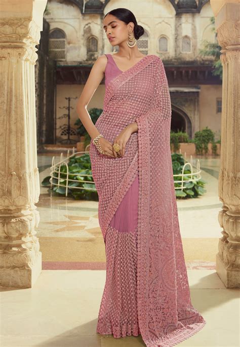 pink net party wear saree 6213