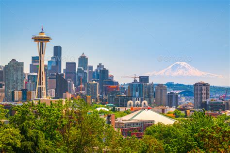 Seattle Washington Usa Downtown Skyline With Mt Rainier Stock Photo