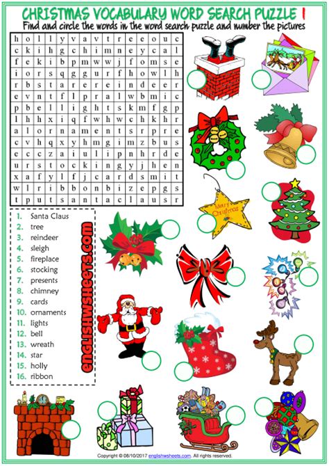 Christmas Esl Printable Word Search Puzzle Worksheets