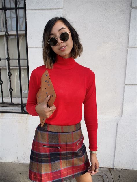 Unconscious Style Shhtephs Plaid Skirt Red Turtleneck And Trench Coat Clare V Clutch