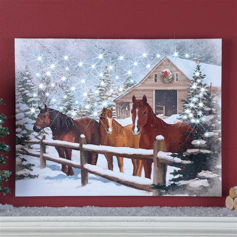 Lighted Winter Horse Barn Scene Wall Canvas Art