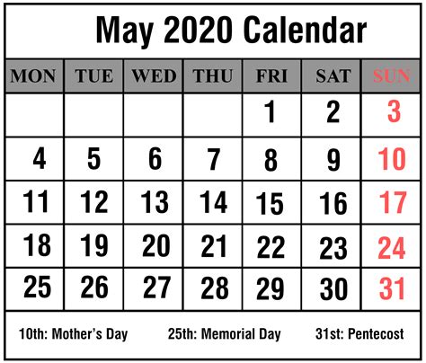 May 2020 Calendar Printable With Holidays Templates
