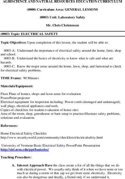 Electrical Safety Lesson Plan For 6th 8th Grade Lesson Planet