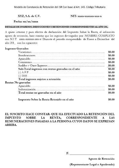 Modelo De Constancia De Retención Del Impuesto Sobre La Renta