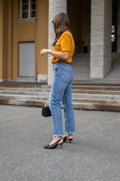 kitten heels slingback pumps and straight leg jeans casual chices alltagsoutfit jeans street