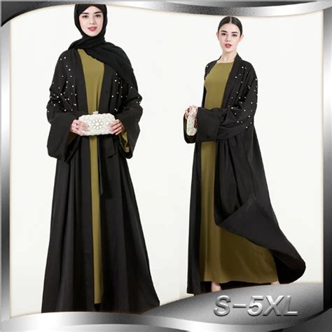 Muslim Abaya Pearls Maxi Dress Cardigan Long Robe GownsTunic Worship
