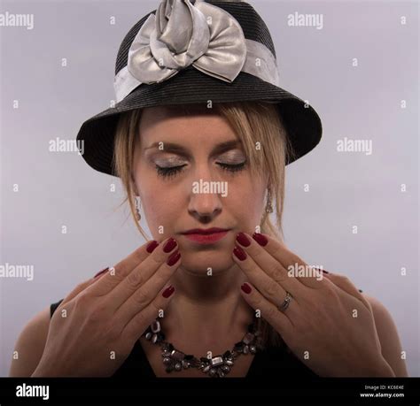 Lady Posing In Black Hat Stock Photo Alamy