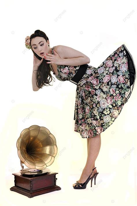 pretty girl listening music on old gramophone up pin disco photo background and picture for free