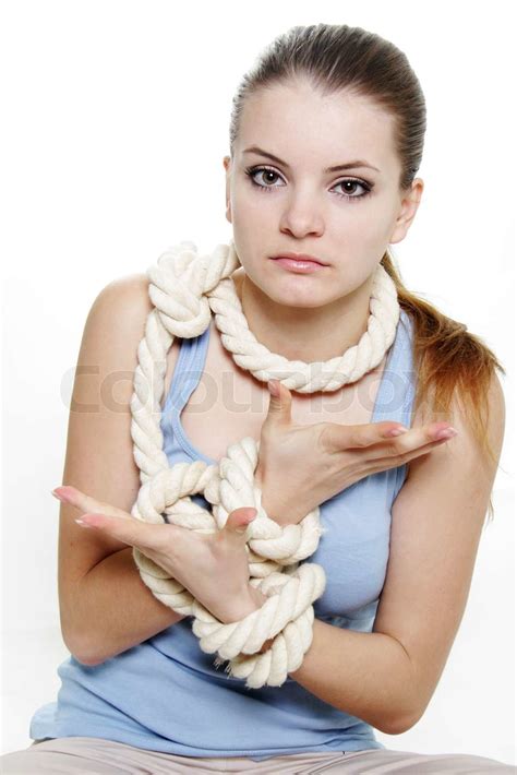Young Woman Tied Up With Rope Over White Stock Image Colourbox
