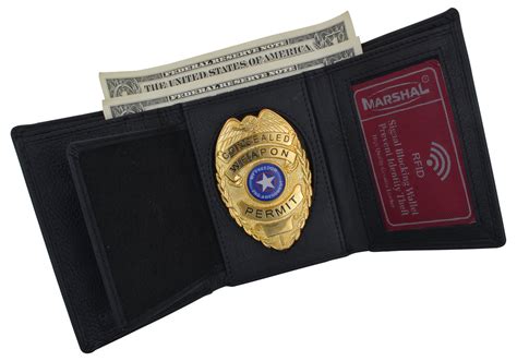 Rfid Blocking Genuine Leather Trifold Badge Holder Wallet Black Police