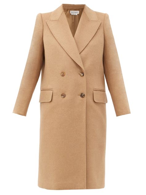 Beige Double Breasted Camel Hair Coat Alexander Mcqueen