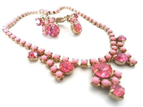 Vintage Pink Rhinestone And Milk Glass Necklace By Nowandthenshop