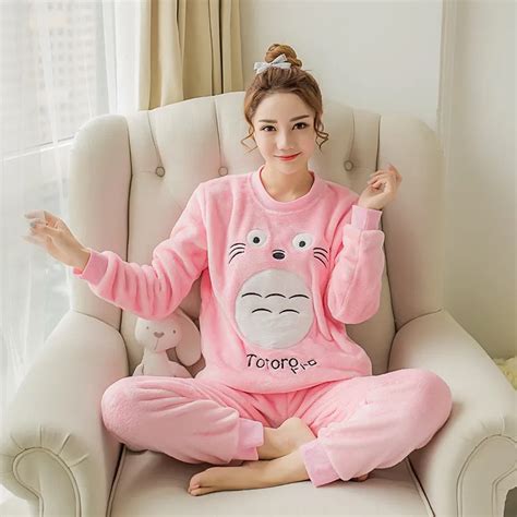 2pcsset Autumn Totoro Pijama Animal Women Anime Flannel O Neck Pajamas