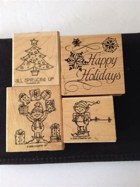 Lot Of 4 Wood Mount Rubber Stamps Christmas Tree Elves Happy Etsy