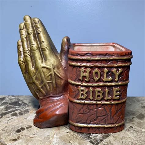 Vintage Inarco Holy Bible Praying Hands Ceramic Planter Pencil Holder