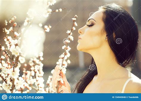 Woman With Blooming Apricot Stock Photo Image Of Beauty Blooming