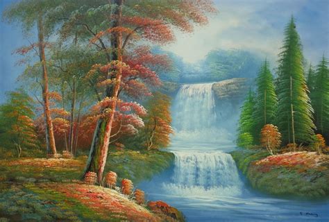 Small Cascade Waterfall With Tall Red Leaf Tree Autumn Scenery Oil