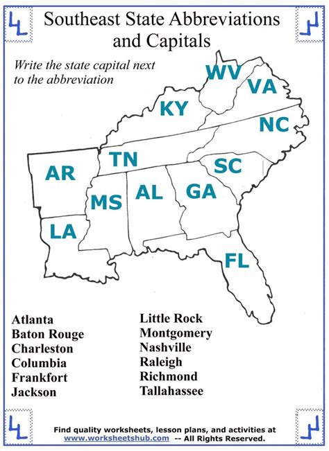 Southeast States And Capitals Worksheet