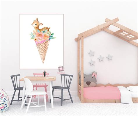 Boho Deer Ice Cream Cone Baby Girl Nursery Wall Art Print Ethereal