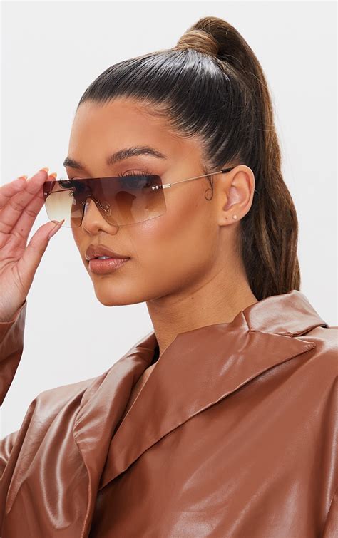 Brown Faded Lens Square Frameless Sunglasses Prettylittlething Ca