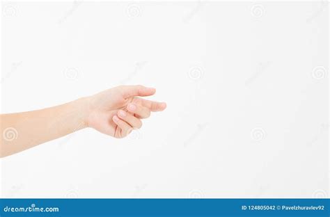 Female Hand Holding Invisible Items Woman`s Palm Making Gesture While