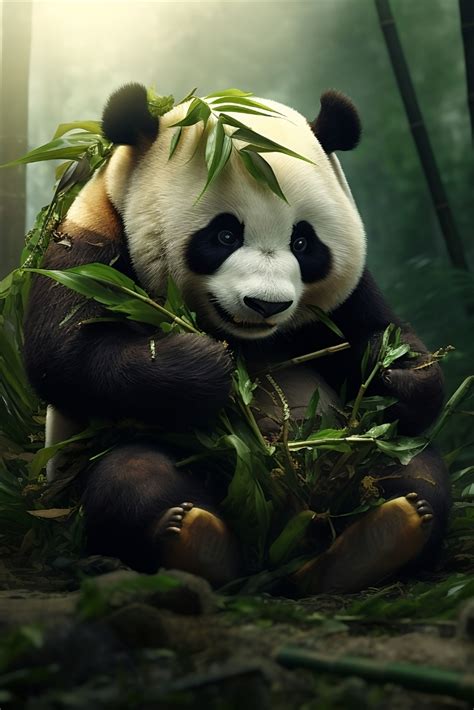 Cute Black And White Panda Eating Bamboo In A Lush Bamboo Forest Panda