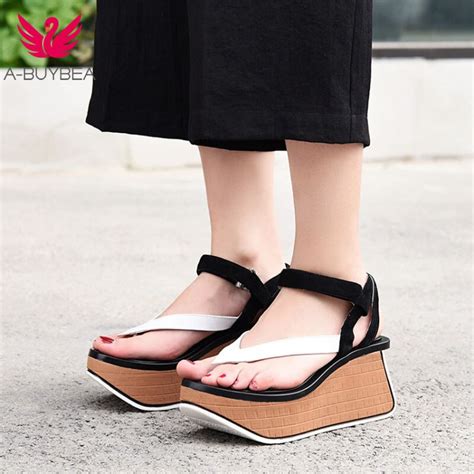 a buybea platform flip flops real leather women sandals thick bottom high heel women shoes sweet