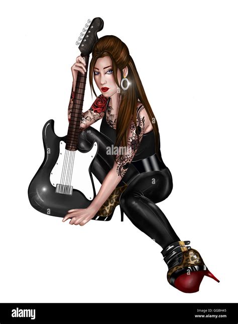 Digital Illustration Of A Beautiful Girl With Electric Guitar Stock