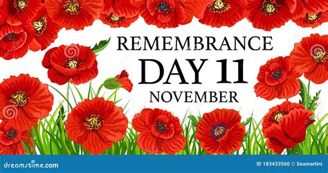 11 November Remembrance Day Poppy Flowers Stock Vector Illustration
