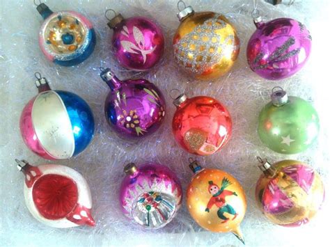 12 Vintage Hand Blown Polish Poland Christmas Tree Glass Ball Ornaments Mica Ball Ornaments