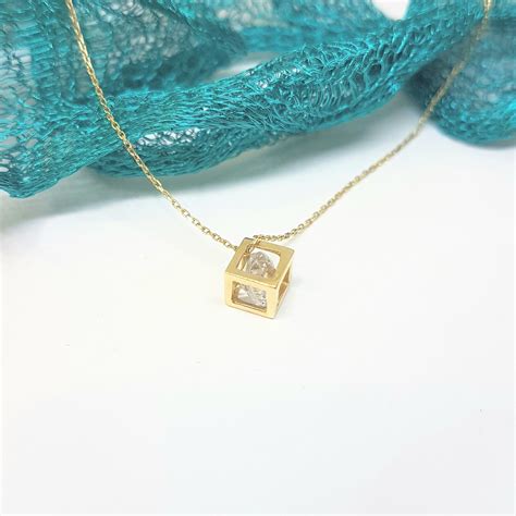 14k Real Solid Gold Cube Necklace Inside Moving Cubic Zirconia Stone