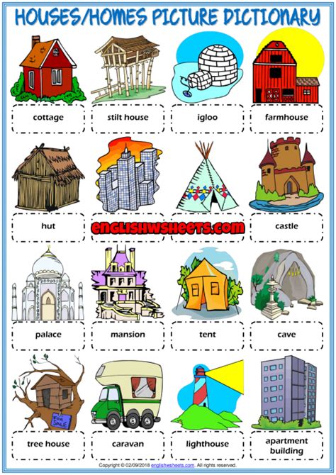 Types Of Houses Esl Picture Dictionary Worksheet For Kids Teach