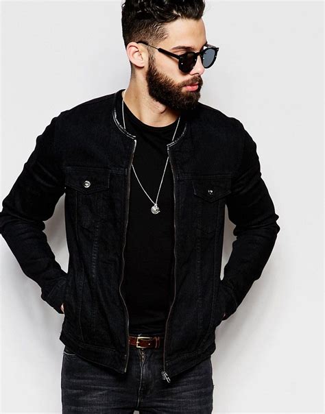 Asos Collarless Denim Jacket In Black At Mens Spring Jackets