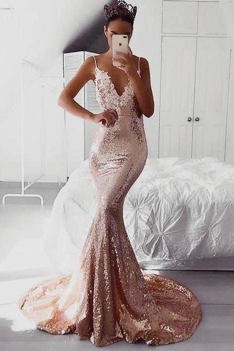 Rose Gold Sequins Mermaid Prom Dresses Backless Evening Dress D454