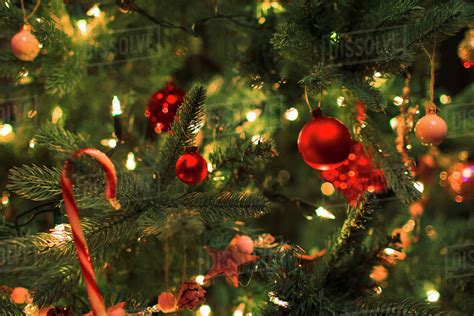 Close Up Ornaments And String Lights On Christmas Tree Stock Photo