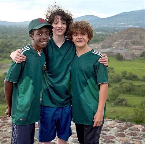 caleb mclaughlin finn wolfhard and gaten matarazzo btw i think finn s hair is alive